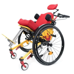 Kantelrollstuhl chromgelb rot mit Leichtgewichtkopfstütze