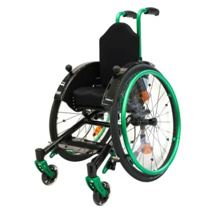 Leichter Aktivrollstuhl für Kinder in der Farbe schwarz und eloxal grün mit Carbonausstattung