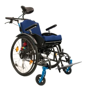 Kantelrollstuhl Tilty Vario schwarz rau eloxal blau nachtblau gekantelt